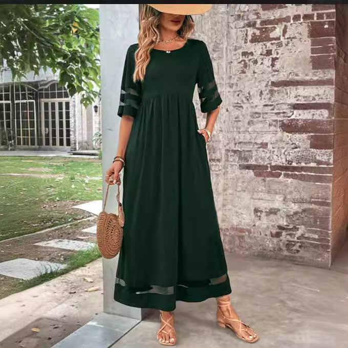 Five-quarter Sleeve Mesh Patchwork Round Neck Dress with Pockets
