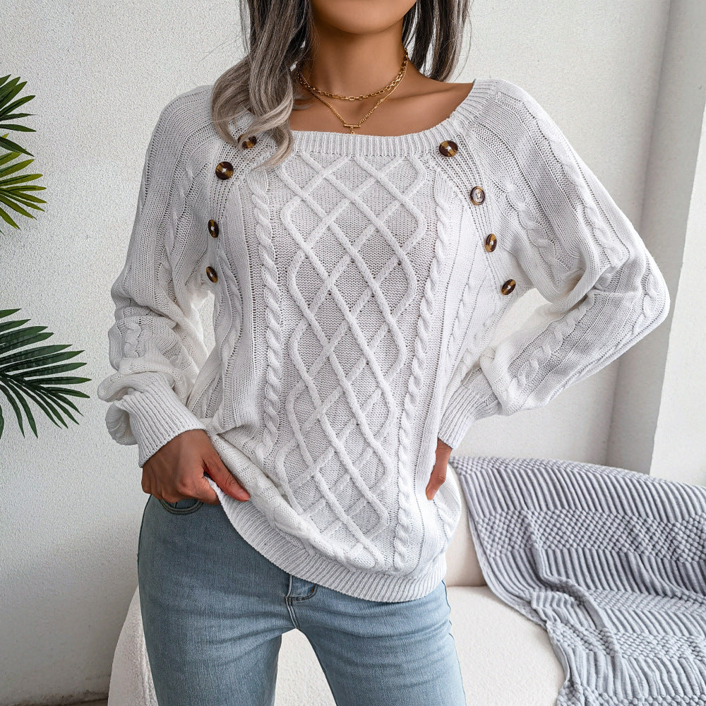 Square Neck Knitted Sweater with Button Design Warm Winter Long Sleeve Top for Women