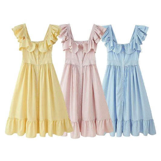 Three Color Striped Ruffle Waist Dress Women's Fashion