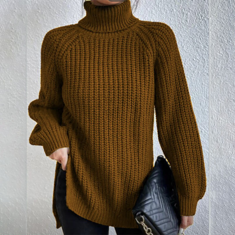 Turtleneck Pullover Sweater with Split Design Simple Solid Color Long Sleeve Top for Women