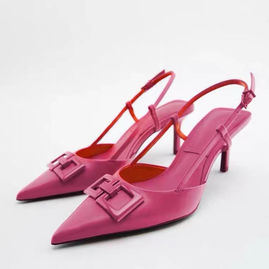 Pointed toe slender heel shallow mouth high heels women's back strap slingback buckle cap toe sandals women's trendy