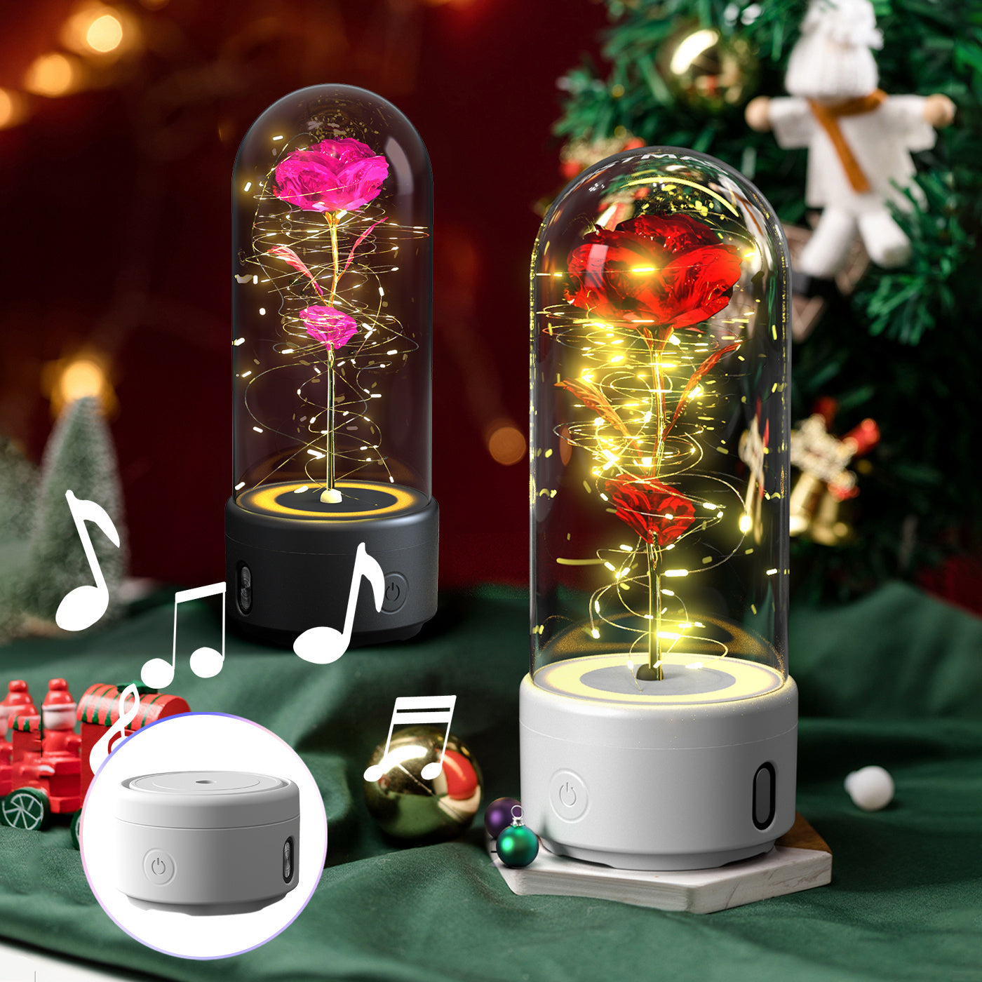 2-in-1 Rose LED Night Light & Bluetooth Speaker Glass Cover Romantic Gift