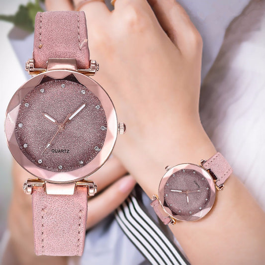 Women’s Starry Sky Leather Watch Casual Rhinestone Designer Clock