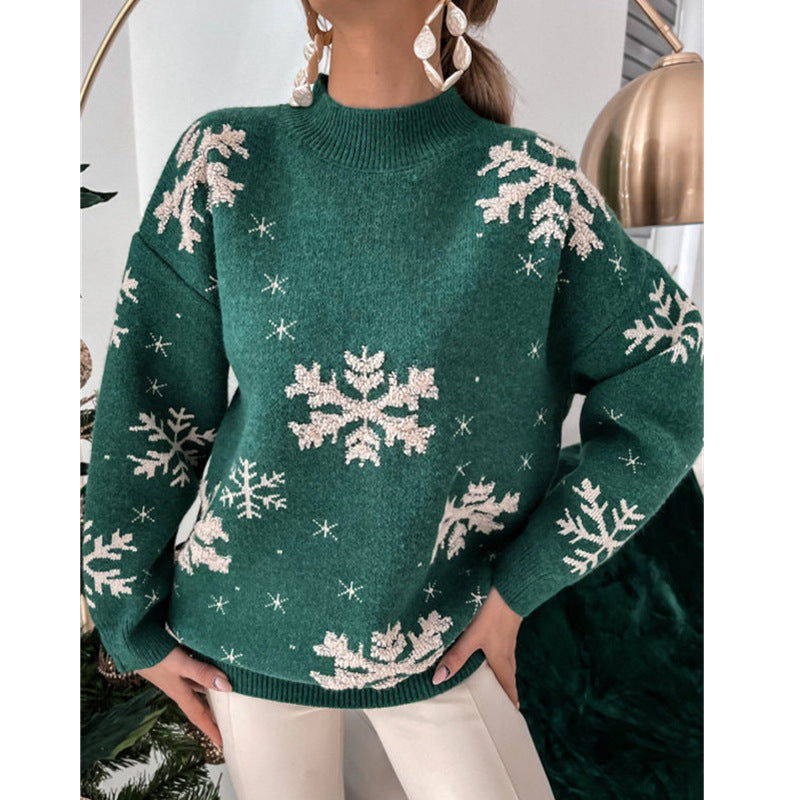 Fall Winter Christmas Sweater Knitted Fluffy Loose Casual Pullover with Snowflake Print