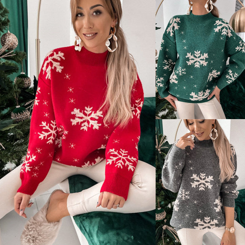 Fall Winter Christmas Sweater Knitted Fluffy Loose Casual Pullover with Snowflake Print