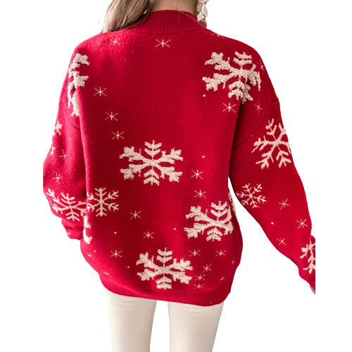 Fall Winter Christmas Sweater Knitted Fluffy Loose Casual Pullover with Snowflake Print