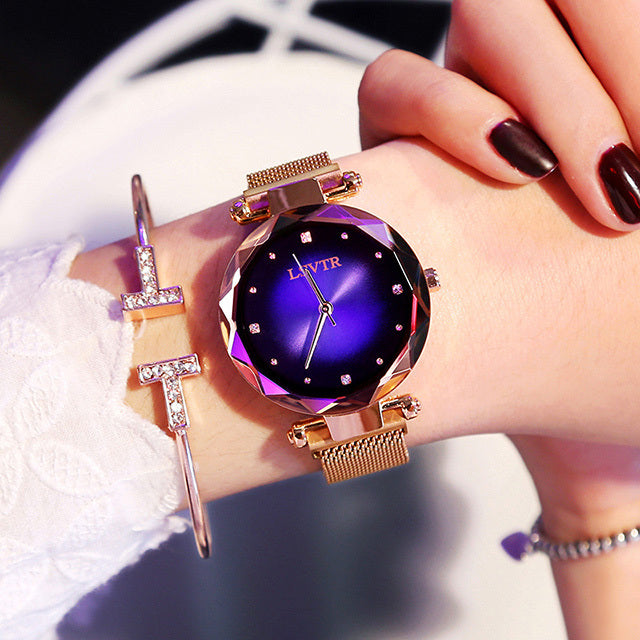 Rose Gold Starry Sky Watch Women’s Waterproof Diamond Magnetic Wristwatch