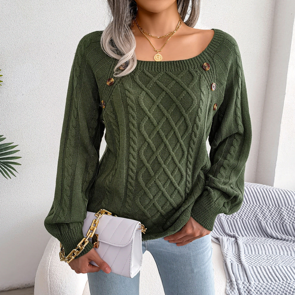 Square Neck Knitted Sweater with Button Design Warm Winter Long Sleeve Top for Women