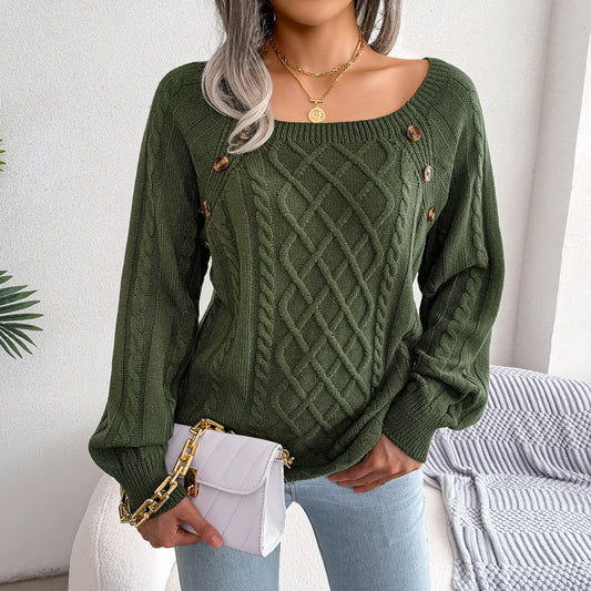 Square Neck Knitted Sweater with Button Design Warm Winter Long Sleeve Top for Women
