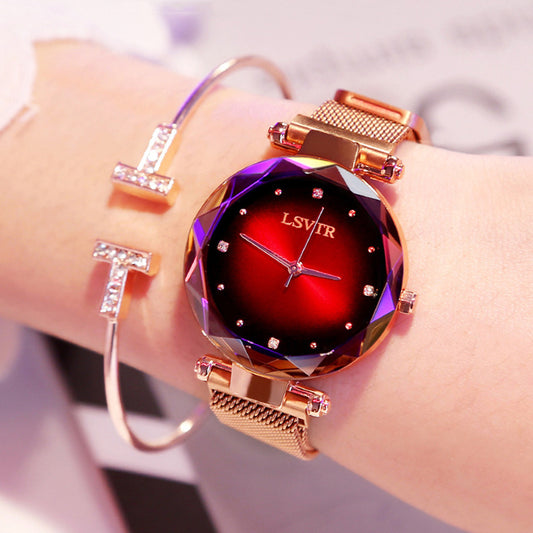 Rose Gold Starry Sky Watch Women’s Waterproof Diamond Magnetic Wristwatch
