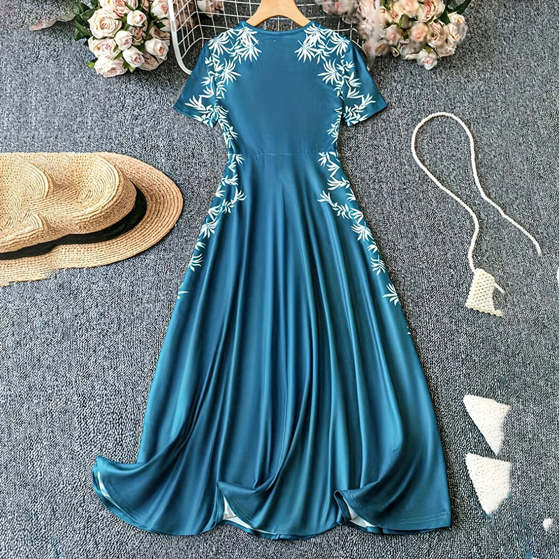 Women’s Elegant Short Sleeve Maxi Dress – Casual Empire Waist Long Dress