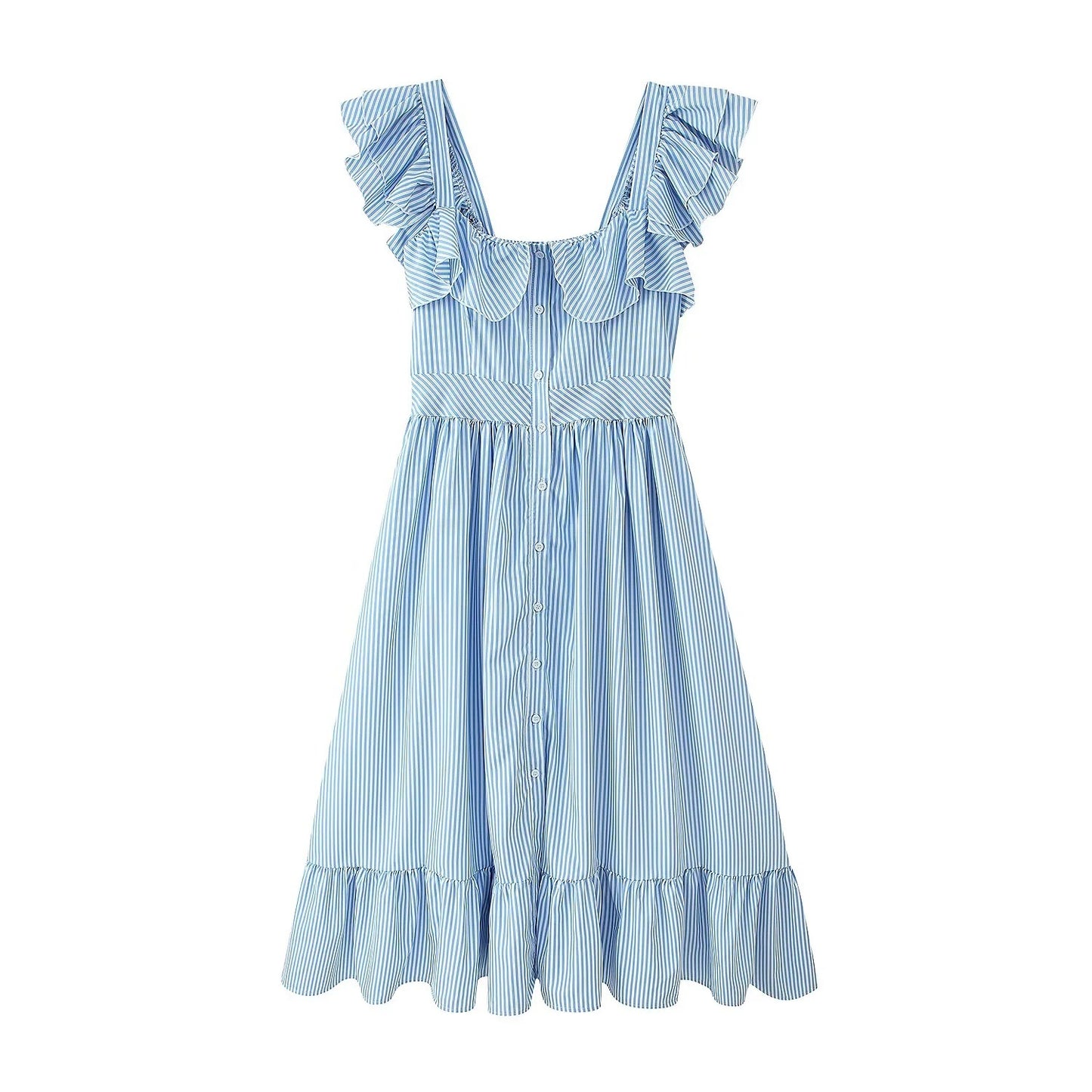 Three Color Striped Ruffle Waist Dress Women's Fashion