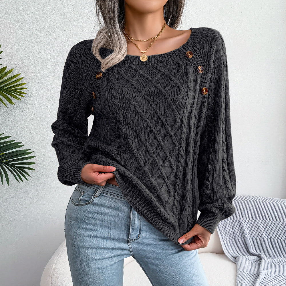 Square Neck Knitted Sweater with Button Design Warm Winter Long Sleeve Top for Women