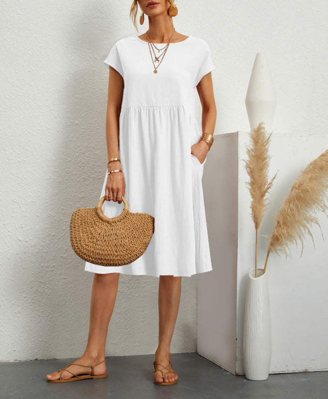 Summer Short-Sleeved Solid A-line Dress with Pockets Fashionable Round Neck for Women