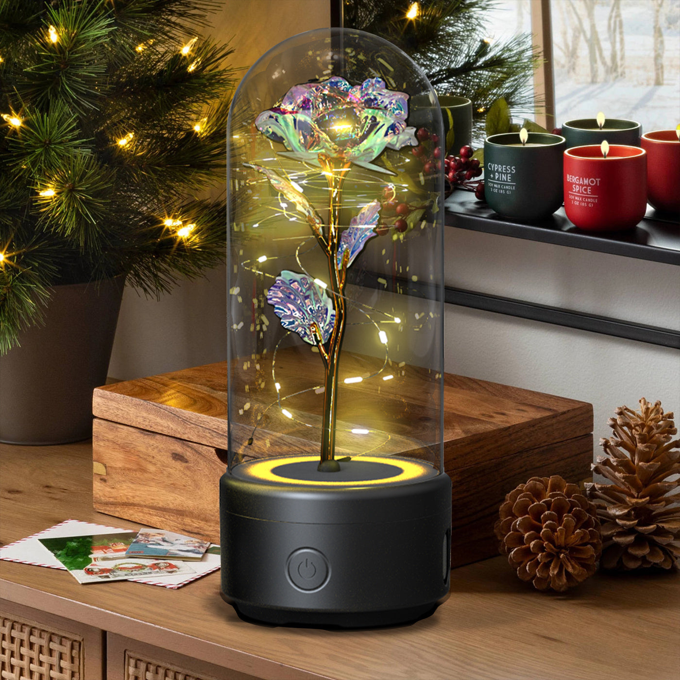 2-in-1 Rose LED Night Light & Bluetooth Speaker Glass Cover Romantic Gift