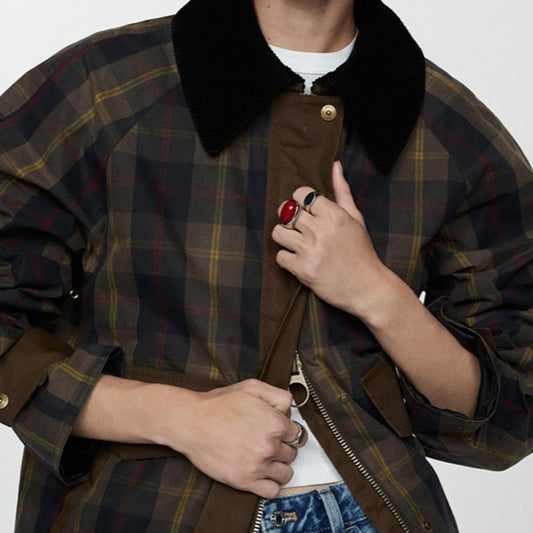 Autumn And Winter Plaid Fur Collar Cotton-padded Jacket