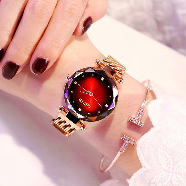Rose Gold Starry Sky Watch Women’s Waterproof Diamond Magnetic Wristwatch