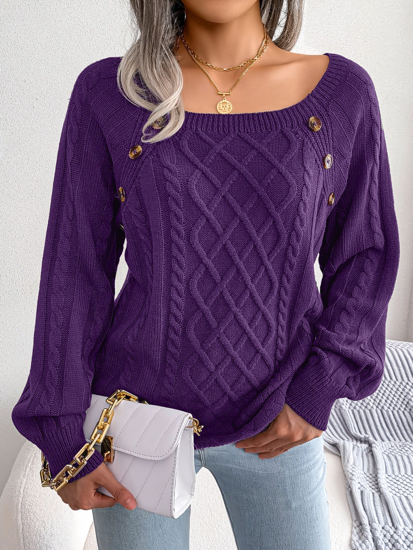 Square Neck Knitted Sweater with Button Design Warm Winter Long Sleeve Top for Women