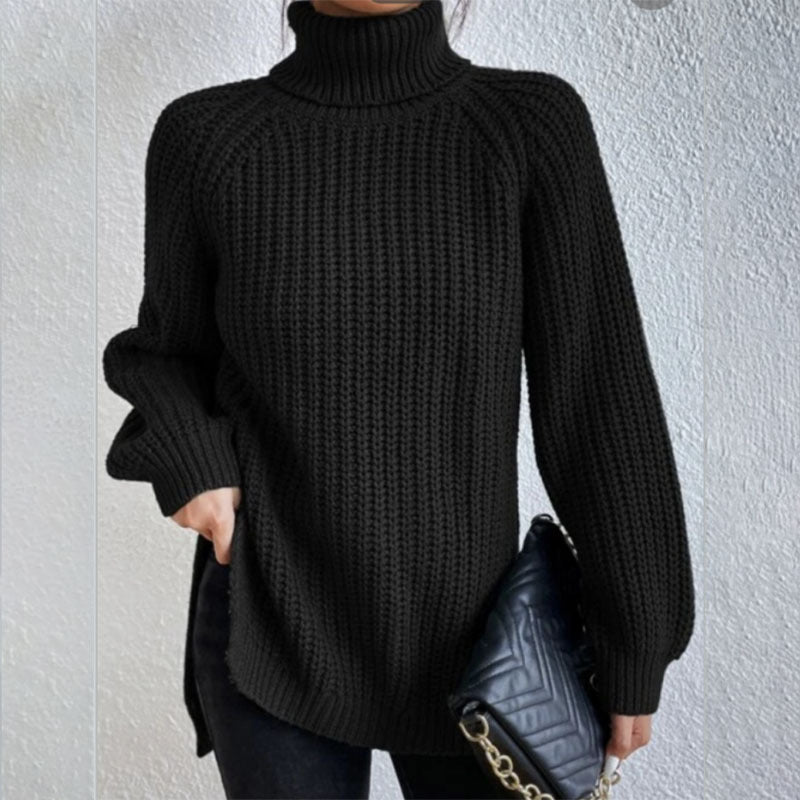Turtleneck Pullover Sweater with Split Design Simple Solid Color Long Sleeve Top for Women