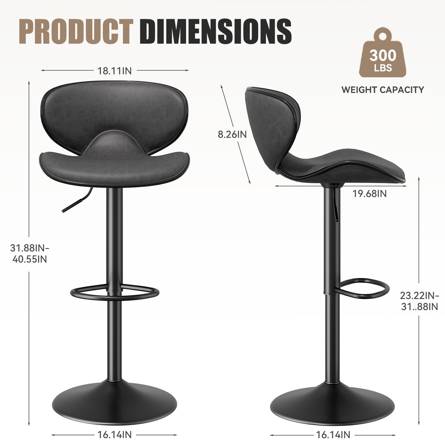 Modern Adjustable Bar Stool – Faux Leather Swivel Counter Stool with Backrest, Height Adjustable 25"–33", 360° Swivel, Durable & Comfortable
