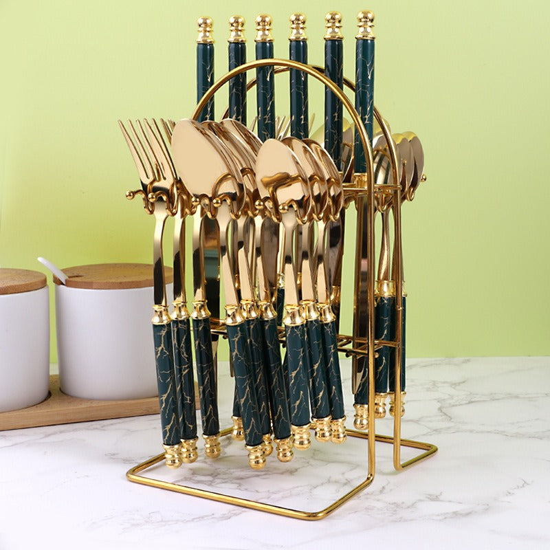 410 Stainless Steel Cutlery Set 24-Piece Golden European Style Knife, Fork & Spoon Set