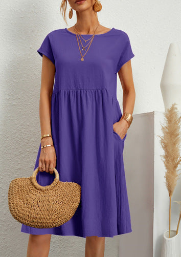 Summer Short-Sleeved Solid A-line Dress with Pockets Fashionable Round Neck for Women