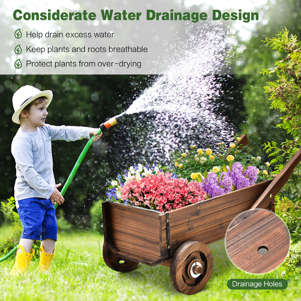 Wooden Wagon Planter Box with Wheels, Handles & Drainage Hole – Rustic Garden Flowerpot