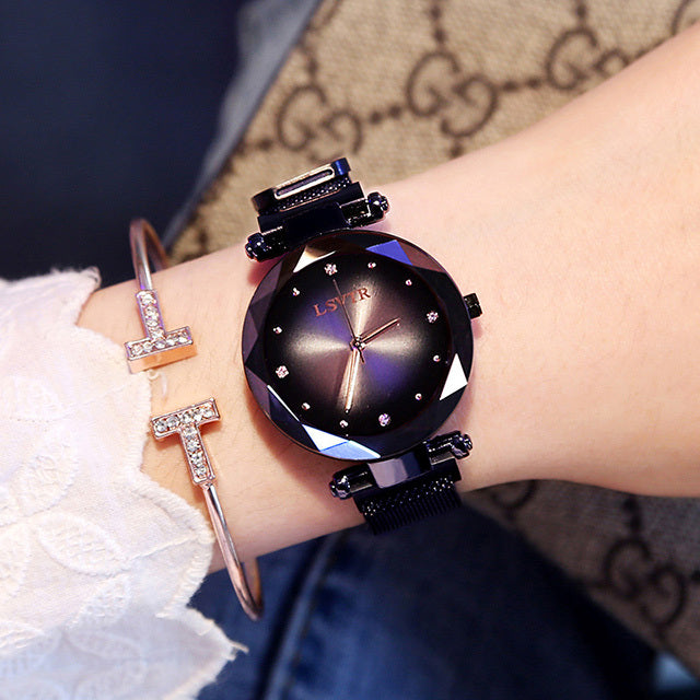 Rose Gold Starry Sky Watch Women’s Waterproof Diamond Magnetic Wristwatch