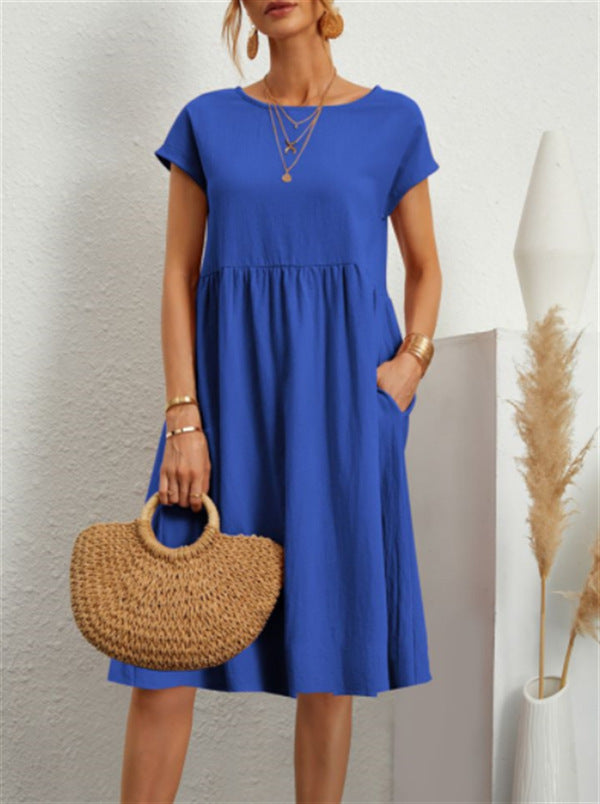 Summer Short-Sleeved Solid A-line Dress with Pockets Fashionable Round Neck for Women