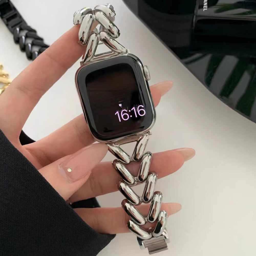 Apple Watch Band (Series 1–8) Single Row V-Chain Denim Metal Strap