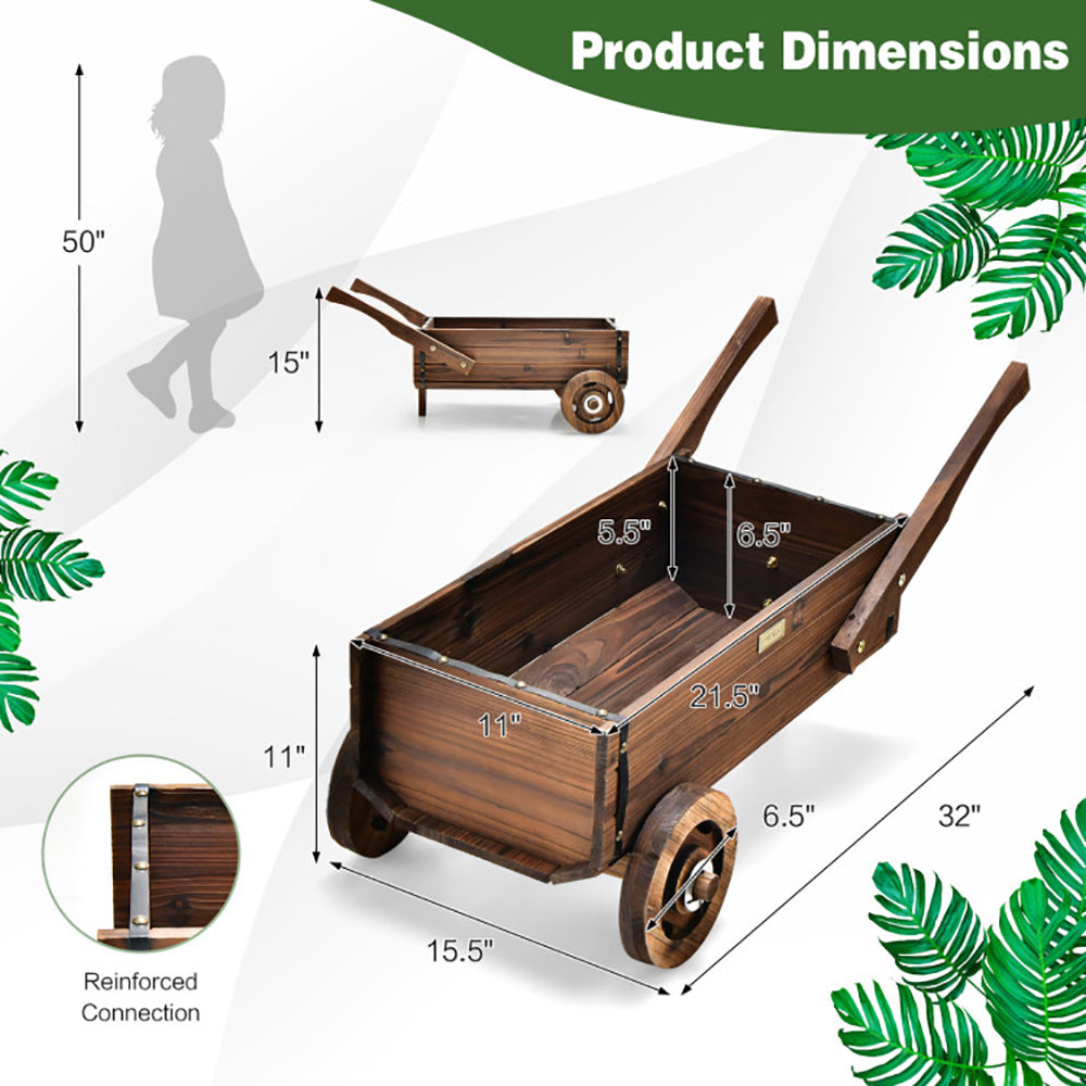 Wooden Wagon Planter Box with Wheels, Handles & Drainage Hole – Rustic Garden Flowerpot