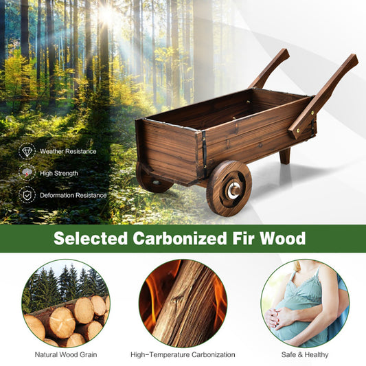 Wooden Wagon Planter Box with Wheels, Handles & Drainage Hole – Rustic Garden Flowerpot