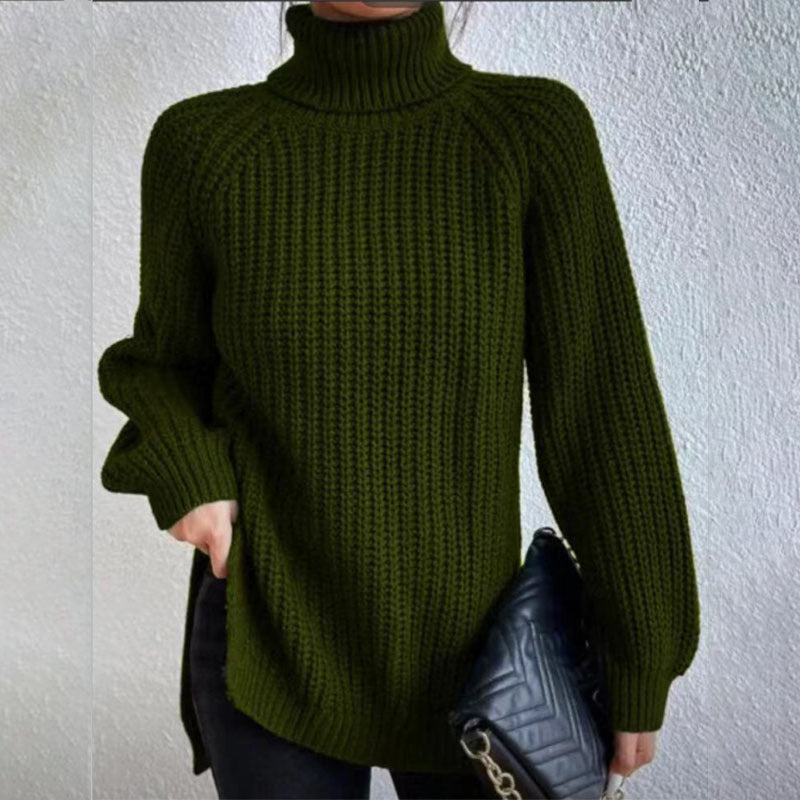 Turtleneck Pullover Sweater with Split Design Simple Solid Color Long Sleeve Top for Women