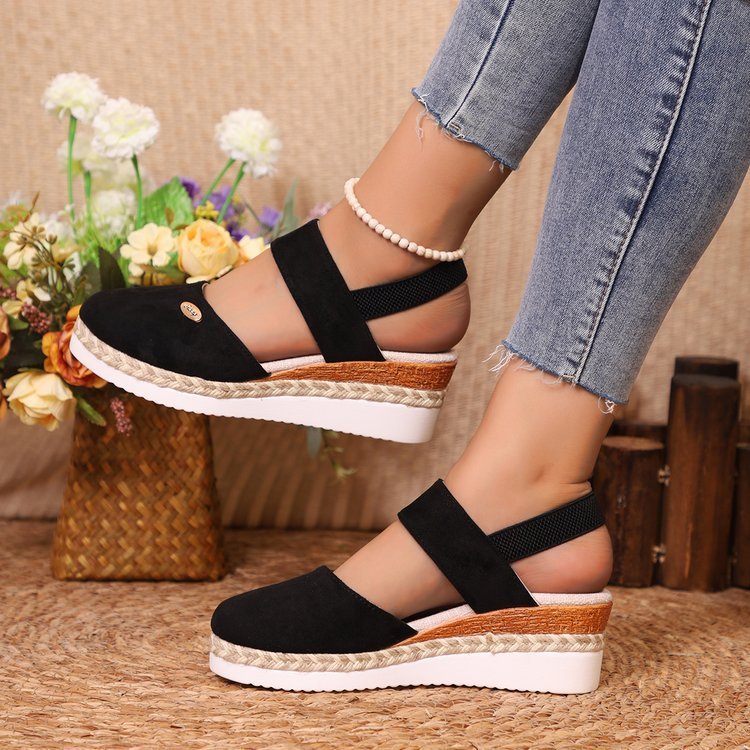 Women’s Summer Hemp Rope Wedge Sandals Lightweight Braided Closed Toe with Elastic Band