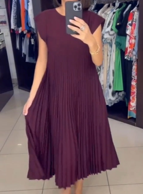 Short Sleeve Pleated Round Neck Long Summer Dress for Women