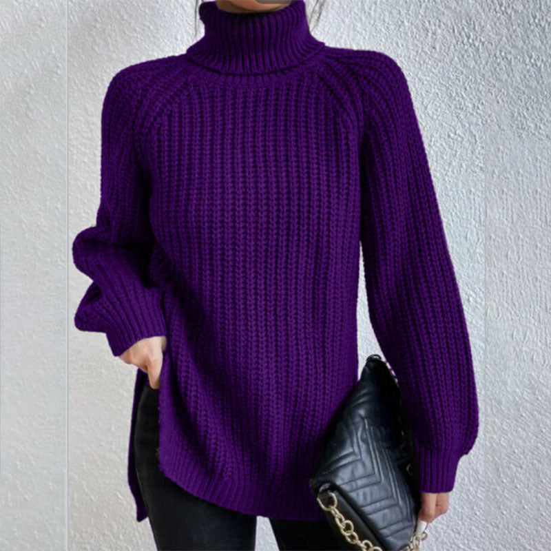 Turtleneck Pullover Sweater with Split Design Simple Solid Color Long Sleeve Top for Women
