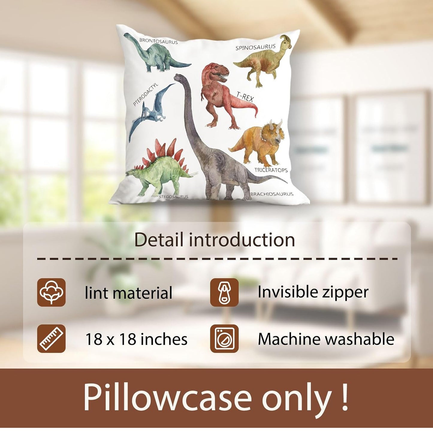 Wild Dinosaur Pillow Cover – 18x18 Decorative Cushion Case with T-Rex & Brachiosaurus Design, Boys’ Room & Home Decoration