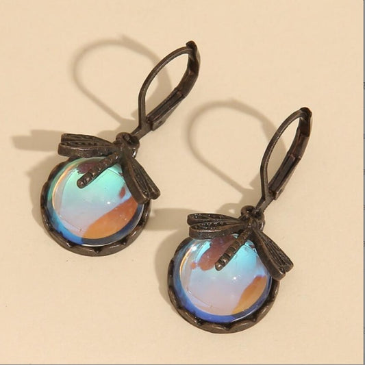Vintage Dragonfly Drop Earrings – Gold Carved Metal with Multicolor Moonstone Inlay