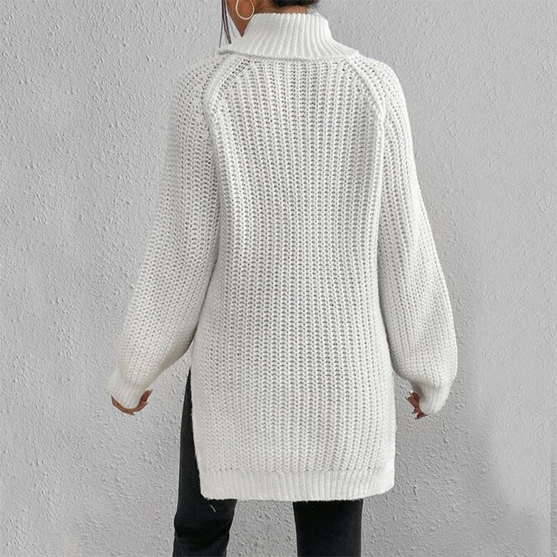 Turtleneck Pullover Sweater with Split Design Simple Solid Color Long Sleeve Top for Women