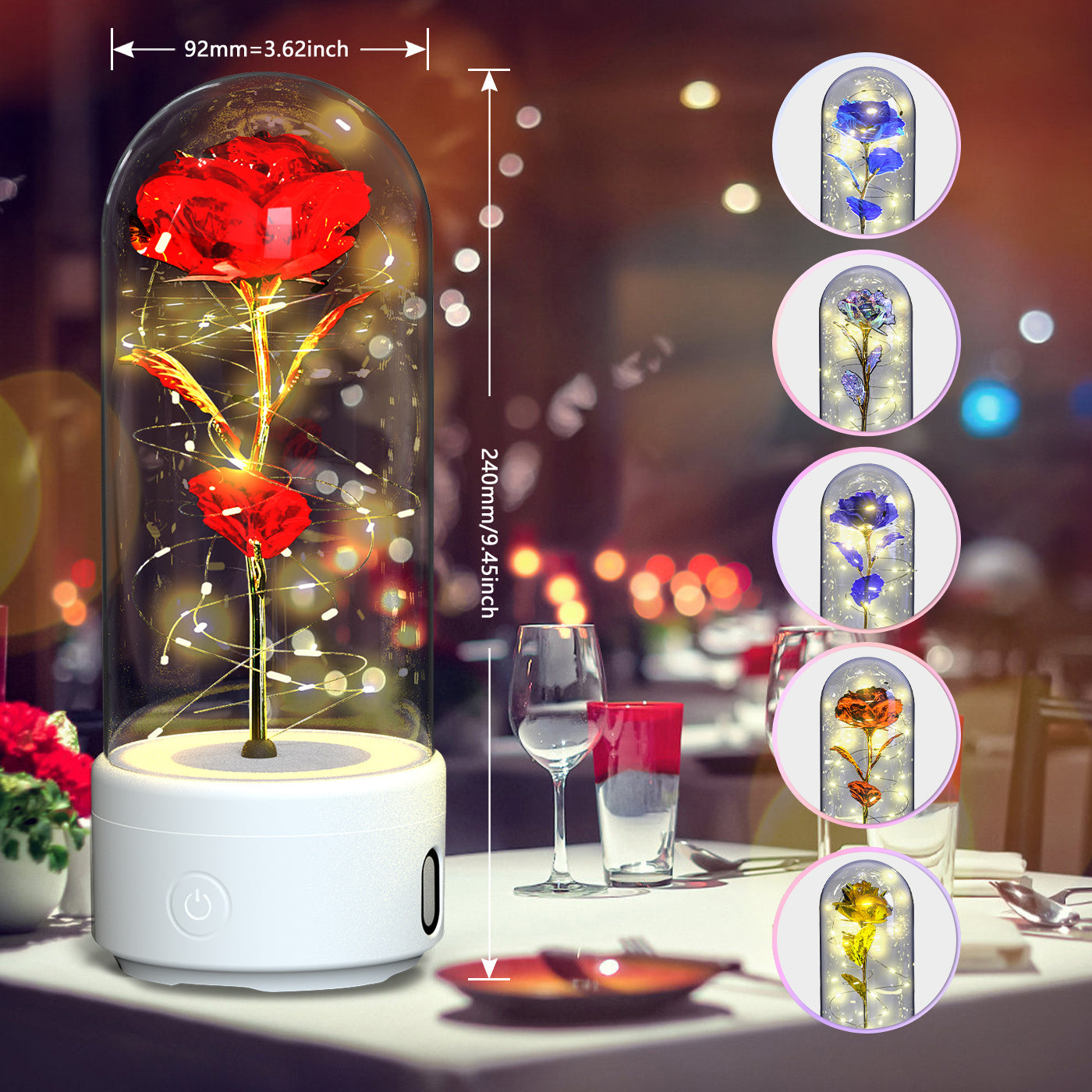 2-in-1 Rose LED Night Light & Bluetooth Speaker Glass Cover Romantic Gift