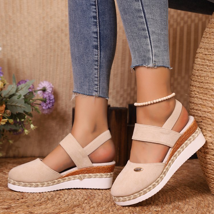 Women’s Summer Hemp Rope Wedge Sandals Lightweight Braided Closed Toe with Elastic Band
