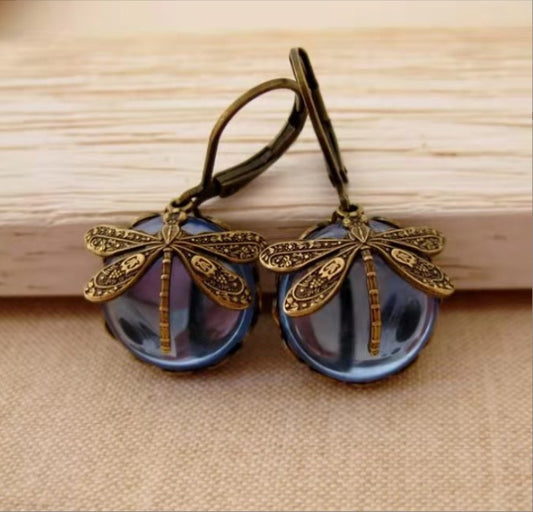 Vintage Dragonfly Drop Earrings – Gold Carved Metal with Multicolor Moonstone Inlay
