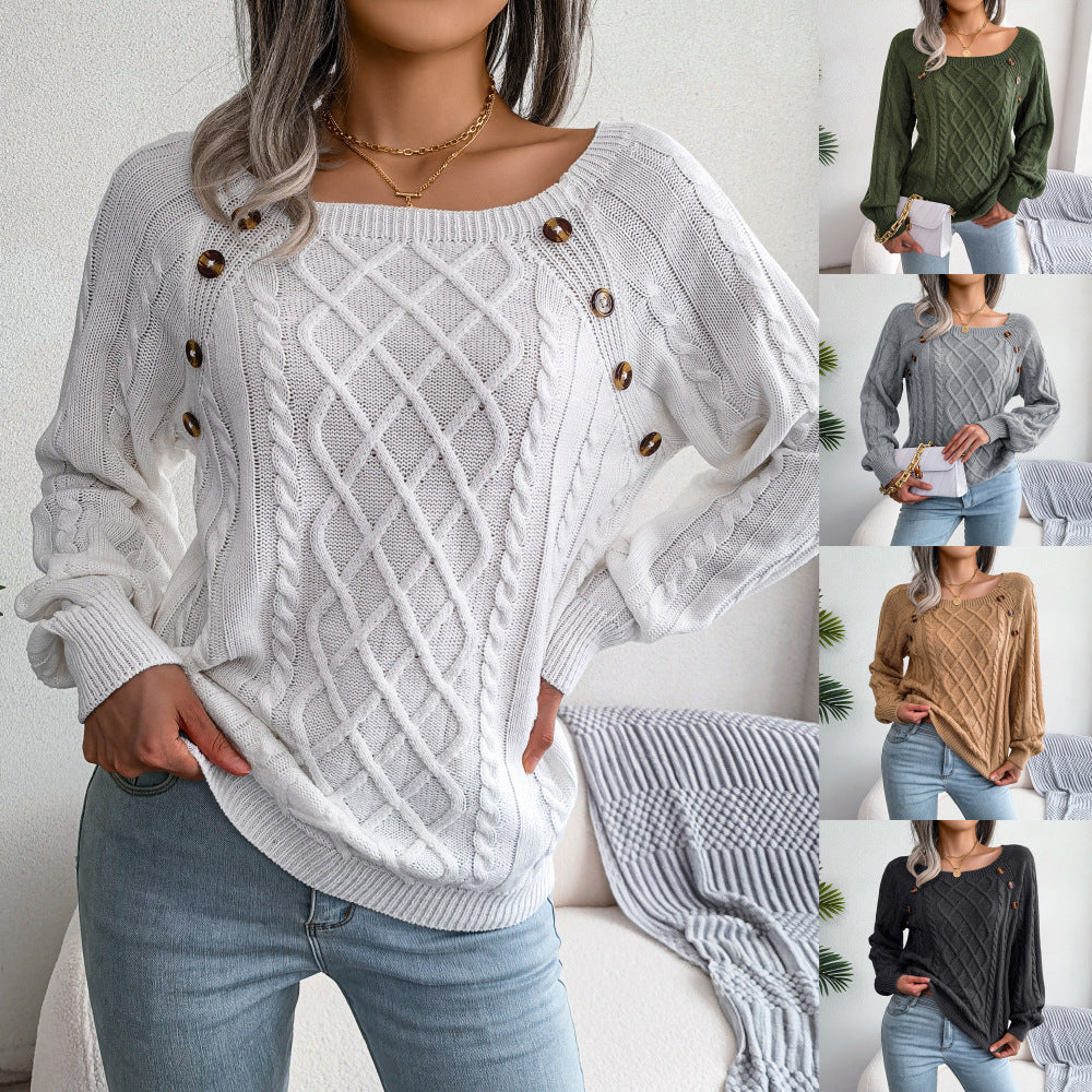 Square Neck Knitted Sweater with Button Design Warm Winter Long Sleeve Top for Women