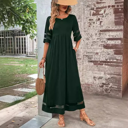 Five-quarter Sleeve Mesh Patchwork Round Neck Dress with Pockets