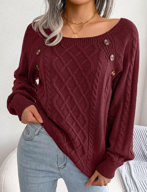 Square Neck Knitted Sweater with Button Design Warm Winter Long Sleeve Top for Women
