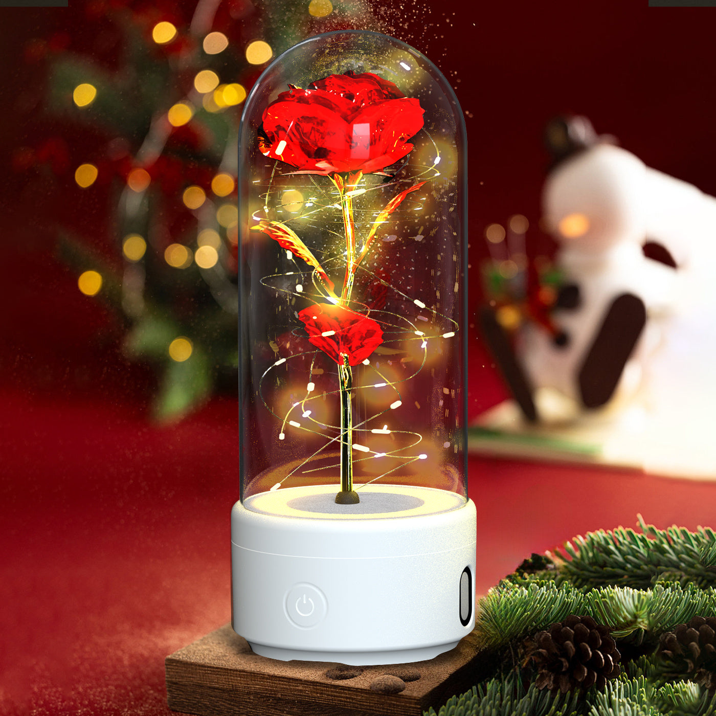 2-in-1 Rose LED Night Light & Bluetooth Speaker Glass Cover Romantic Gift