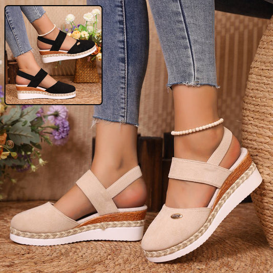 Women’s Summer Hemp Rope Wedge Sandals Lightweight Braided Closed Toe with Elastic Band