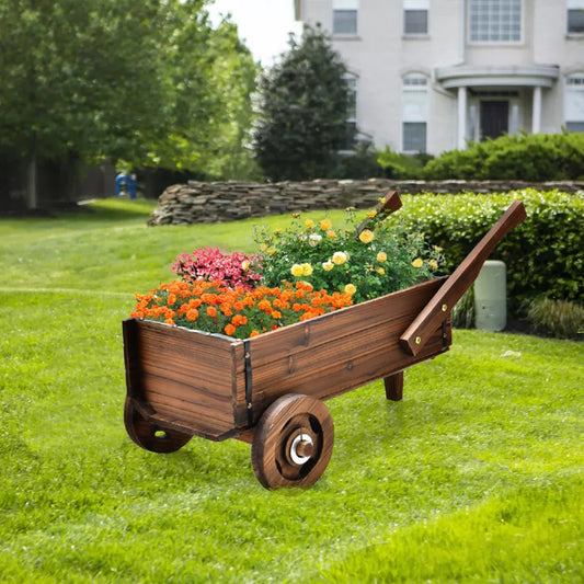 Wooden Wagon Planter Box with Wheels, Handles & Drainage Hole – Rustic Garden Flowerpot