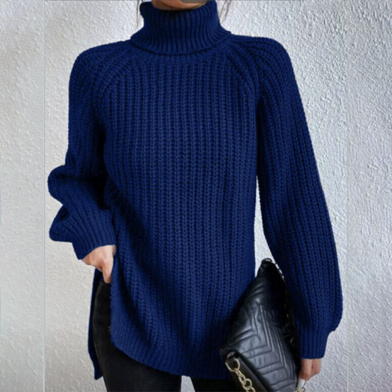 Turtleneck Pullover Sweater with Split Design Simple Solid Color Long Sleeve Top for Women