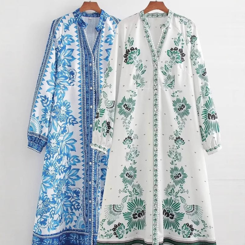 Printed Single-Breasted V-Neck Holiday Style Dress